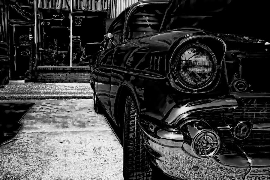 Vintage Chevy Car Art Alley Cat BW Mixed Media by Lesa Fine