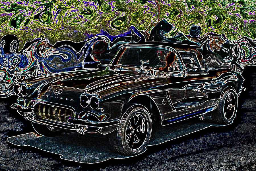 Car Digital Art - Vintage Chevy Corvette Black Neon Automotive Artwork by Lesa Fine