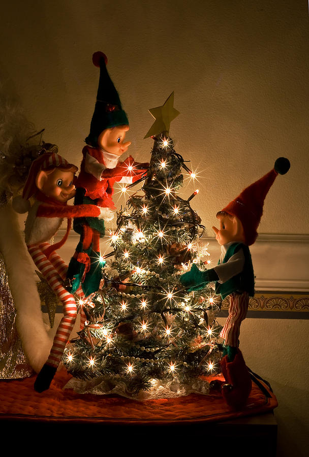 Vintage Christmas Elves Decorating a Tree Photograph by Barbara West