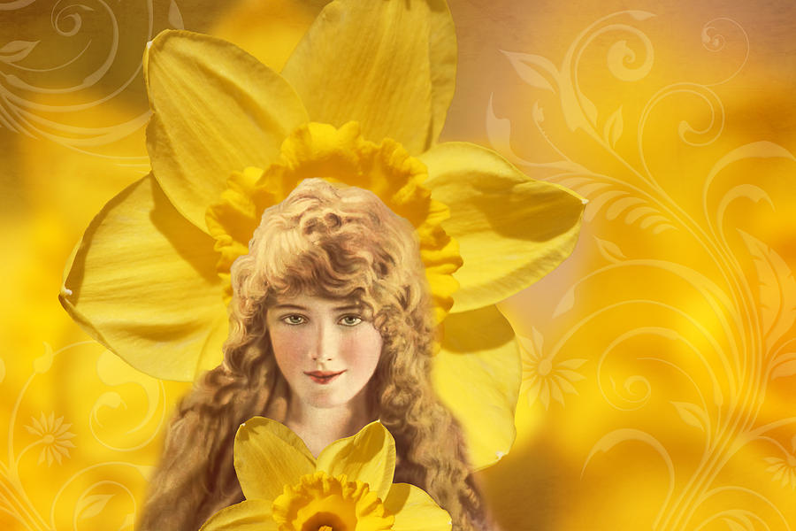 Flower Photograph - Vintage Collage - Woman and Daffodils by Peggy Collins