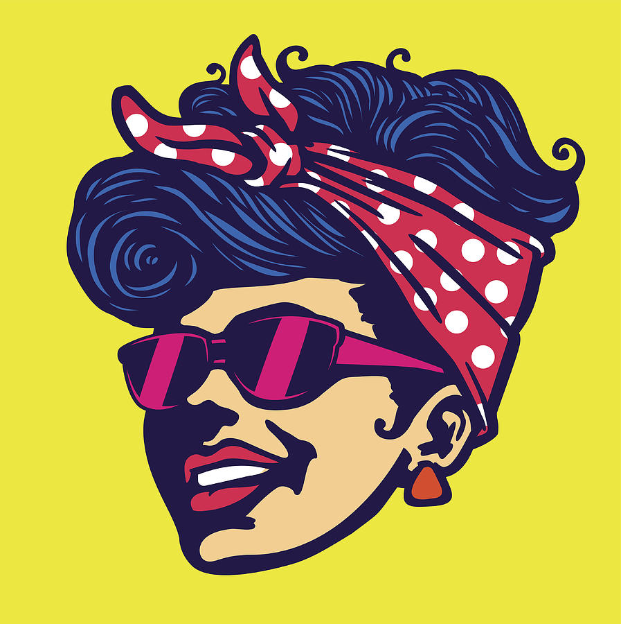 Vintage Cool Rockabilly Hairstyle Girl Face With Sunglasses Vector Illustration By Drante