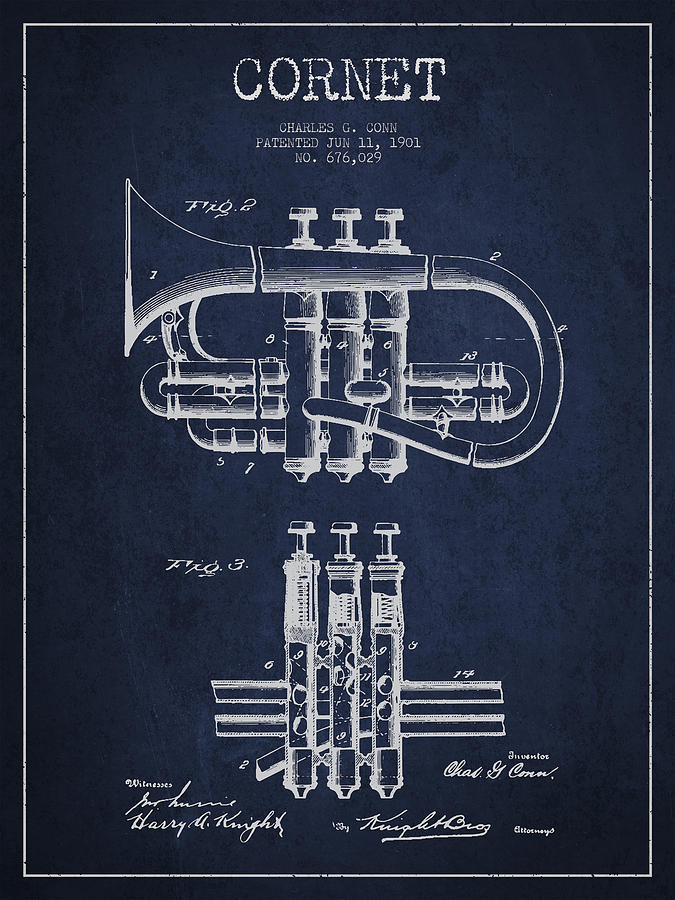 Music Digital Art - Cornet Patent Drawing from 1901 - Blue by Aged Pixel