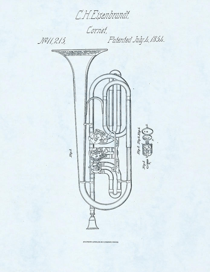 Cornet Patent Drawing on blue background #1 Drawing by Steve Kearns