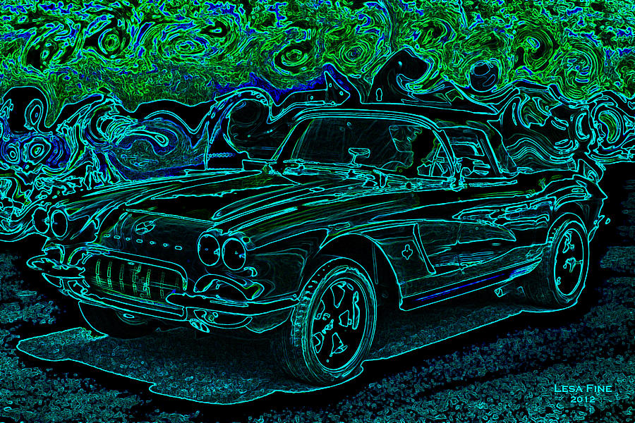 Car Photograph - Vintage Corvette Green Neon Automotive Art by Lesa Fine