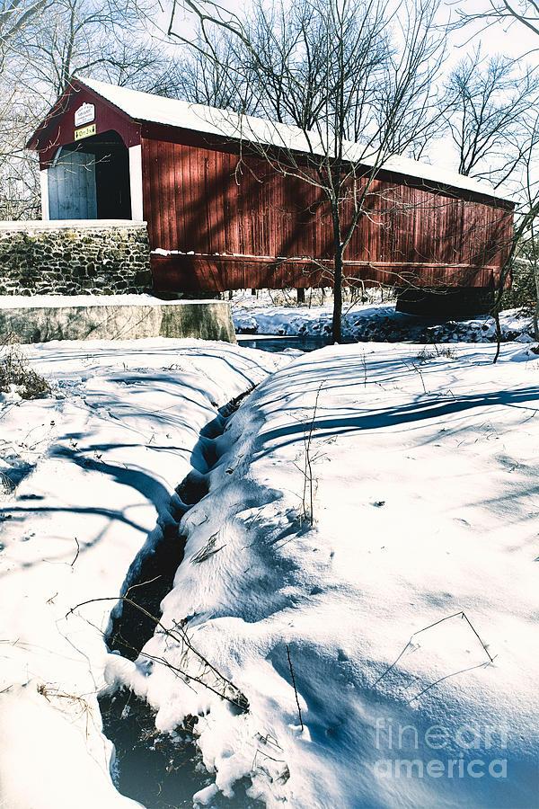 Winter Photograph - Vintage Covered Bridge in Winter Landscape by George Oze