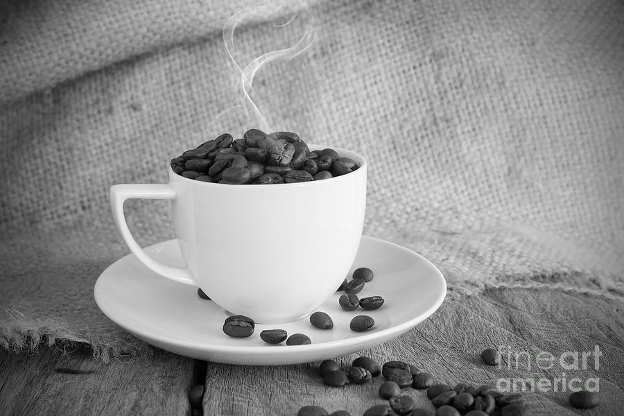 Coffee Photograph - Vintage cup of roasted coffee beans in black and white tone by Jc Cha