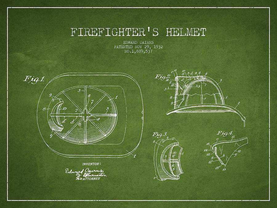 Vintage Digital Art - Vintage Firefighter Helmet Patent drawing from 1932 - Green by Aged Pixel