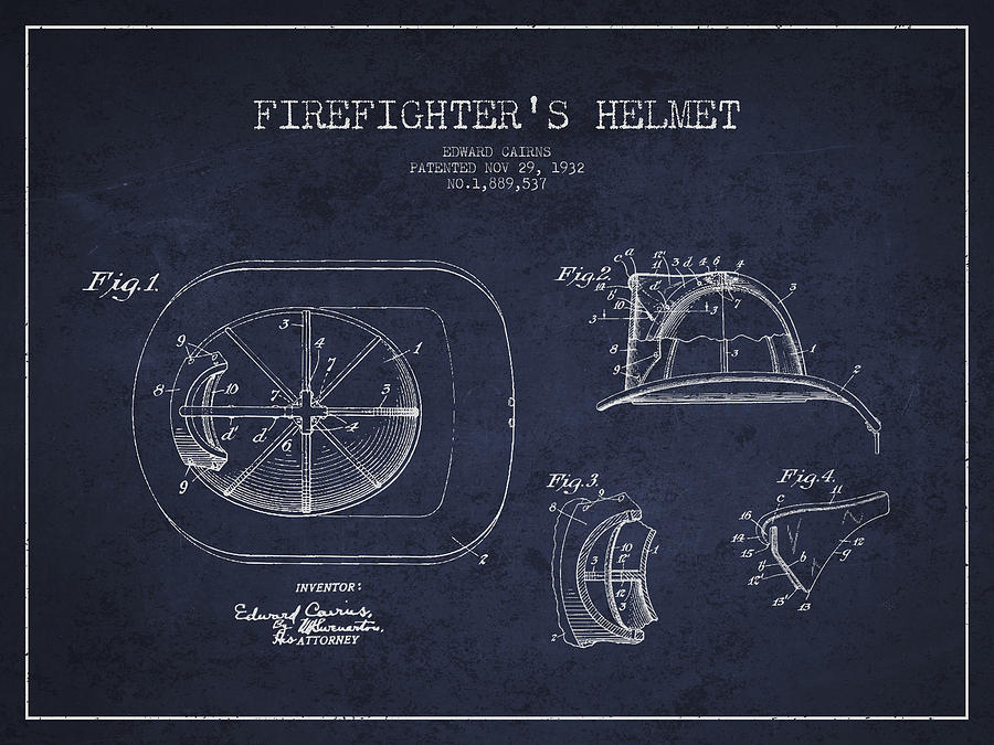 Vintage Digital Art - Vintage Firefighter Helmet Patent drawing from 1932 - Navy Blue by Aged Pixel