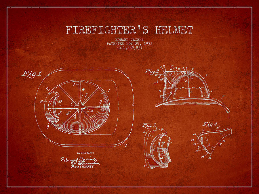 Vintage Digital Art - Vintage Firefighter Helmet Patent drawing from 1932-Red by Aged Pixel