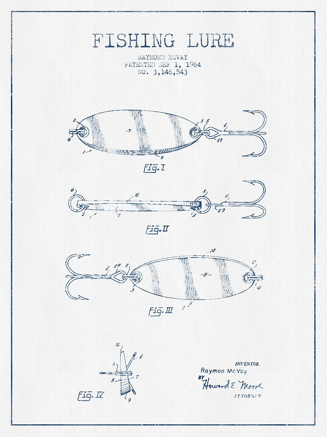 Fish Digital Art - Vintage Fishing Lure Patent Drawing from 1964 - Blue Ink by Aged Pixel