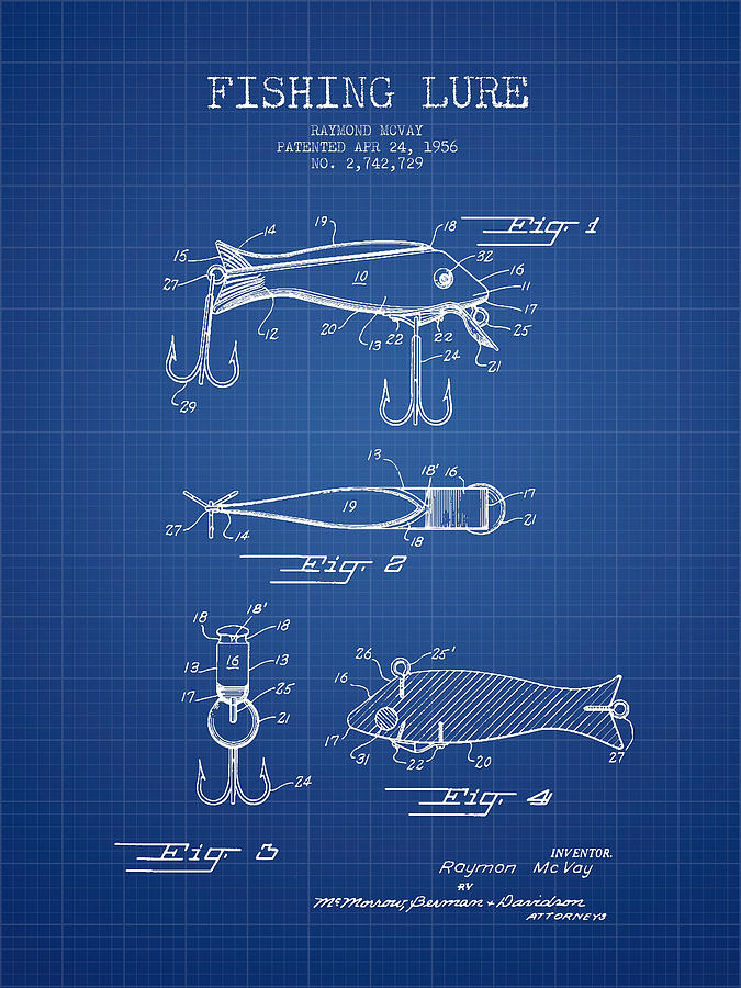 Vintage Fishing Lure Patent from 1956 - Blueprint Digital Art by Aged Pixel  - Pixels