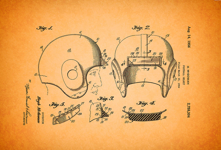 Vintage Drawing - Vintage Football Helmet Patent 1956 by Mountain Dreams