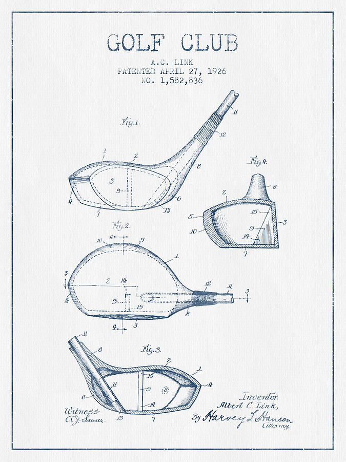 Vintage Golf Club Patent Drawing From 1926 - Blue Ink Digital Art by Aged  Pixel - Fine Art America