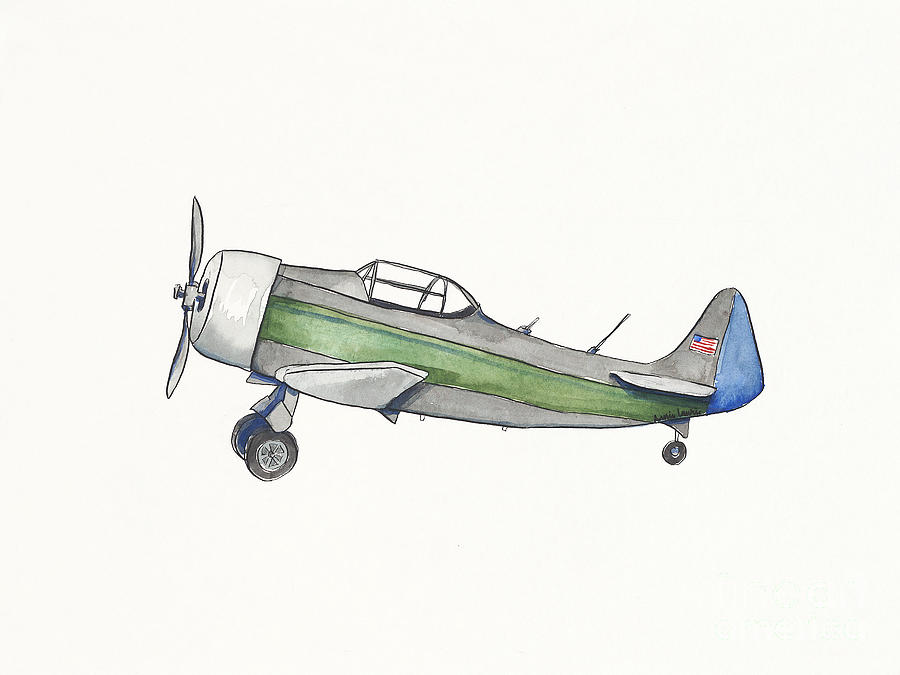 Vintage Painting - Vintage Green and Gray Airplane by Annie Laurie