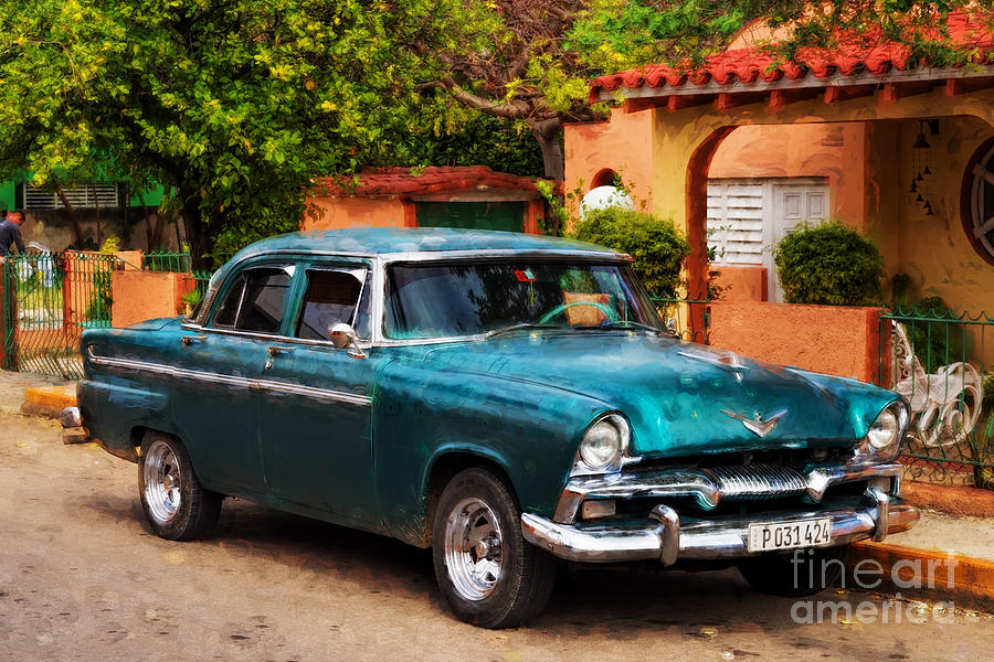 Tree Photograph - Vintage Green Plymouth - painterly by Les Palenik