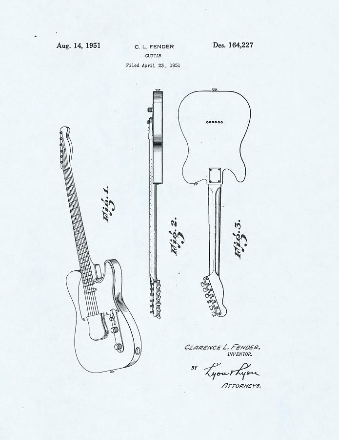 Guitar Patent Drawing on blue background #10 Drawing by Steve Kearns