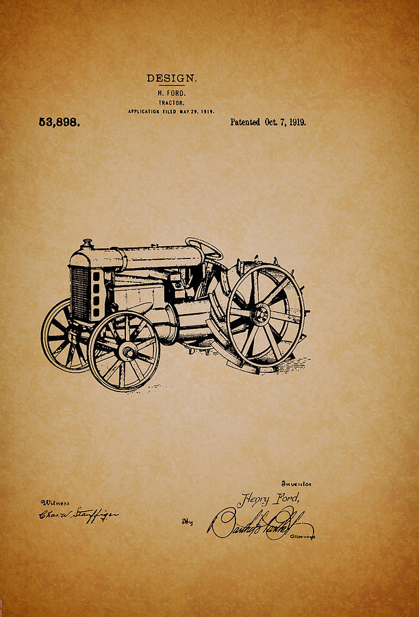 Vintage Drawing - Vintage Henry Ford Tractor Patent by Mountain Dreams