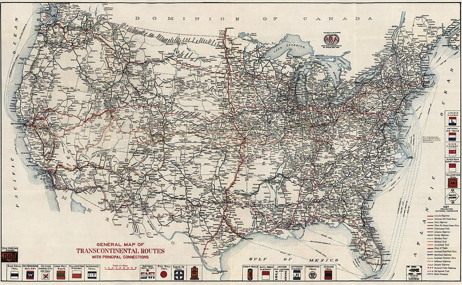 Vintage Highway Map of the United States by the American Automobile Association - 1918 Drawing by Blue Monocle