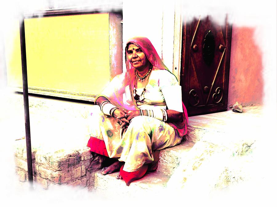 Vintage Just Sitting 2 - Woman Portrait - Indian Village Rajasthani Photograph by Sue Jacobi
