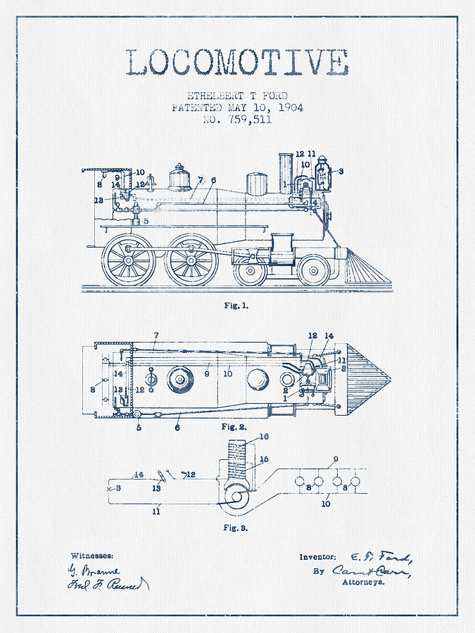 Vintage Locomotive Patent From 1904  -  Blue Ink Digital Art