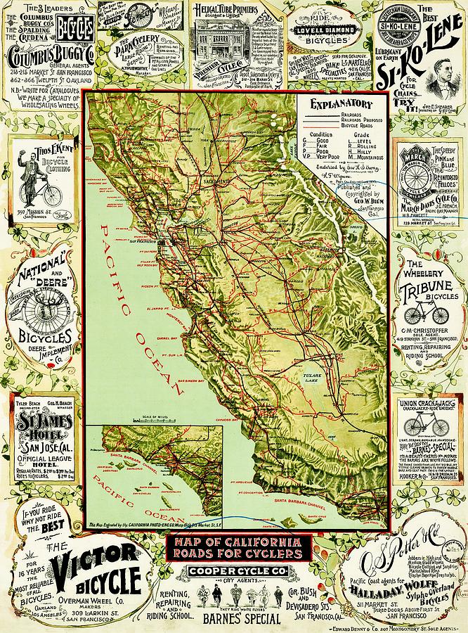 Vintage Map for California Cyclists Photograph by Benjamin Yeager