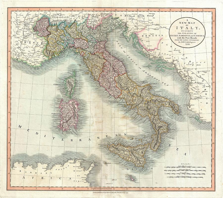 Italy Photograph - Vintage Map of Italy 1799 by Adam Shaw