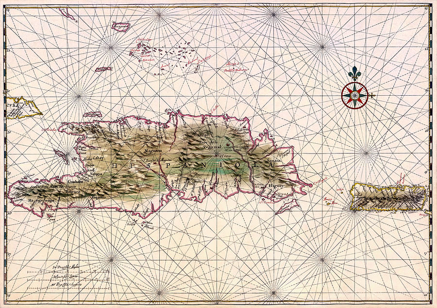 Map Drawing - Vintage Map of Nautical Routes Hispaniola Puerto Rico by Mountain Dreams