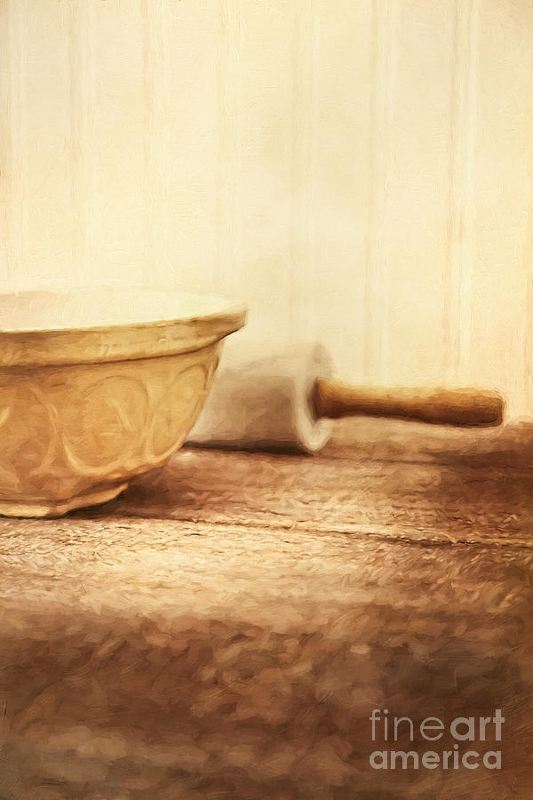 Mixing bowl with rolling pin on table/ digital painting Photograph by Sandra Cunningham