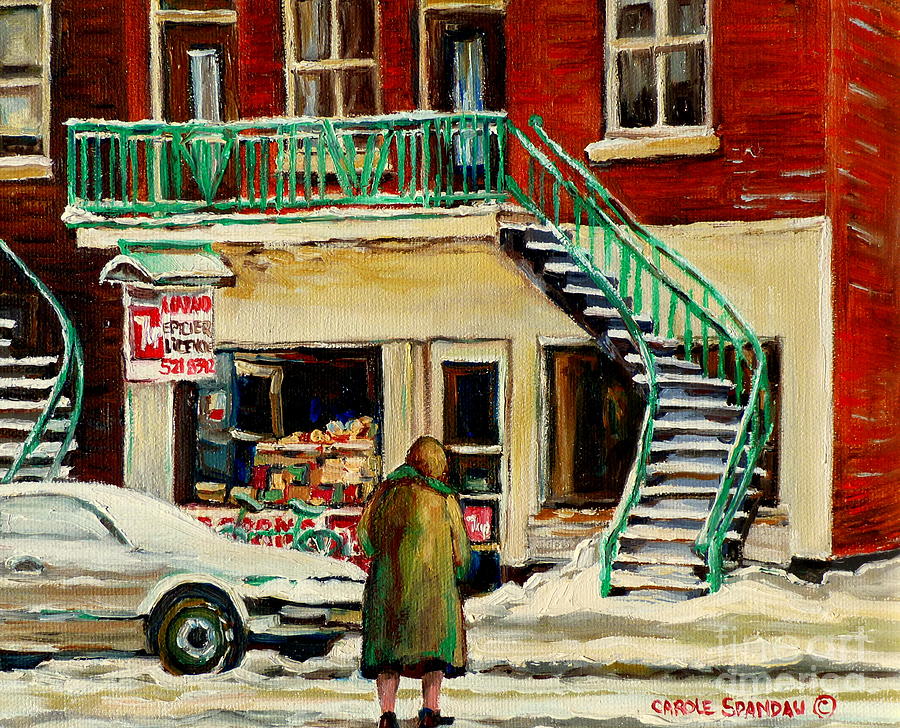 Vintage Montreal Art Verdun Depanneur Winter Scene Paintings Staircases And 7up Signs Carole Spandau Painting by Carole Spandau