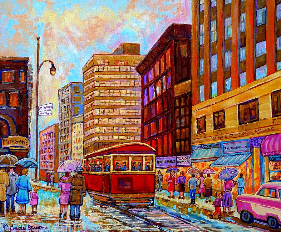 Vintage Montreal St.catherine And University With Streetcar Painting by Carole Spandau