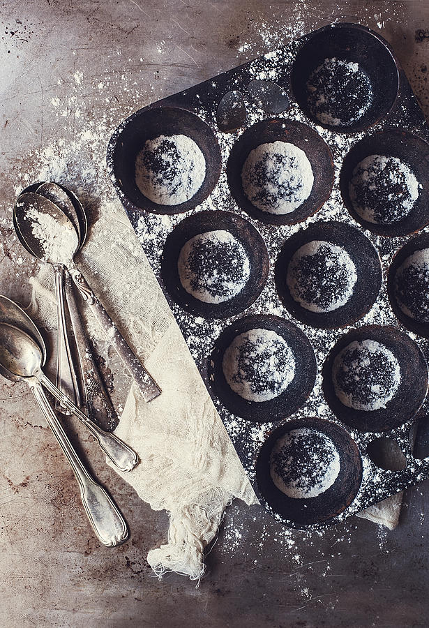 Vintage Muffin Pan & Spoons With Flour Photograph by One Girl In The Kitchen