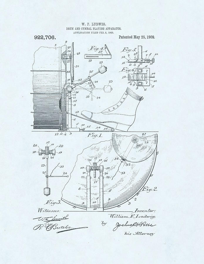 Drum Pedal Patent Drawing on blue background Drawing by Steve Kearns
