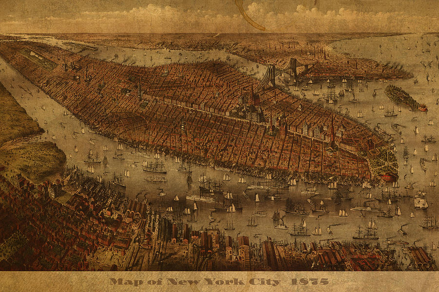 Vintage Mixed Media - Vintage New York City Manhattan NYC in 1875 City Map On Worn Canvas by Design Turnpike