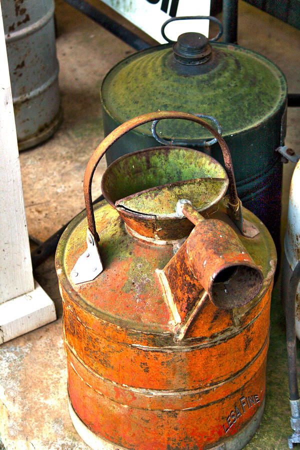 Vintage Photograph - Vintage Orange and Green Galvanized Containers by Lesa Fine
