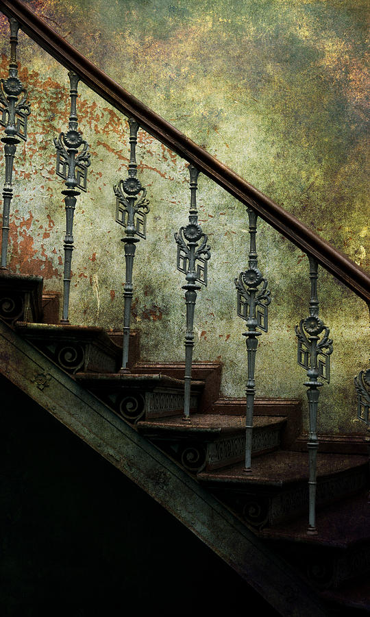 Vintage Photograph - Vintage ornamented stairs and dirty wall by Jaroslaw Blaminsky
