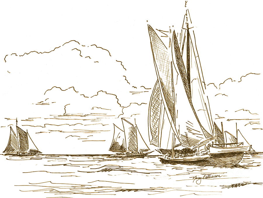Vintage Oyster Schooners  Drawing by Nancy Patterson