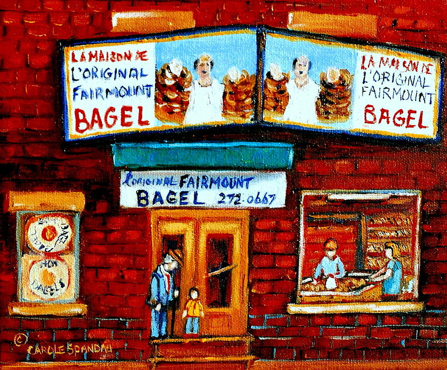 Vintage Paintings Of Family Life In Montreal A Visit To Fairmount Bagel Landmark Montreal City Scene Painting by Carole Spandau