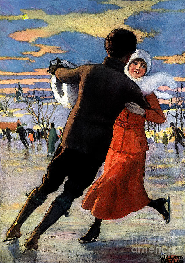 Vintage poster couples skating at Christmas on frozen pond Mixed Media by Vintage Collectables