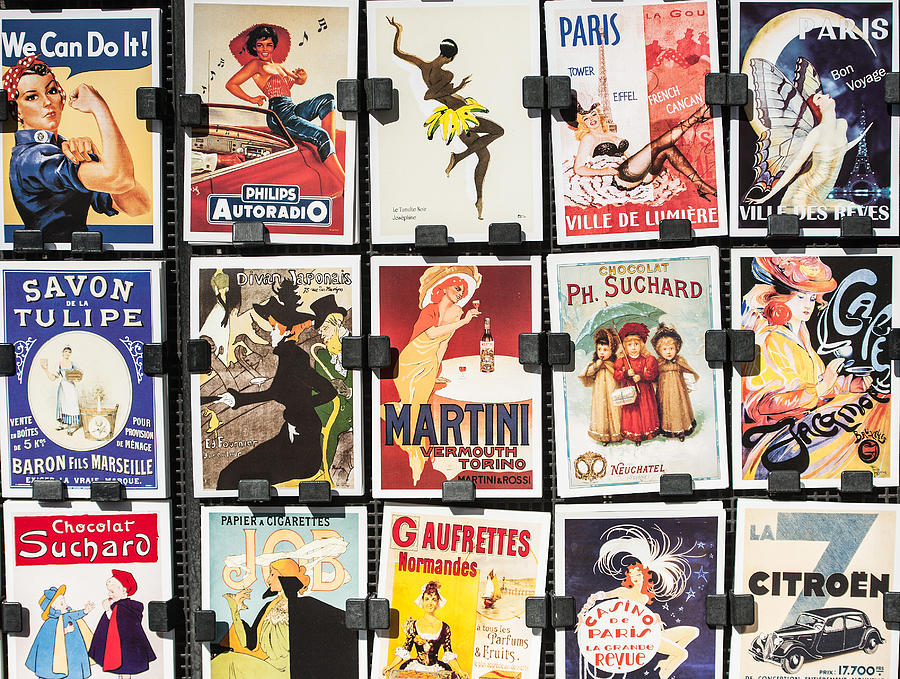 Vintage Posters and Advertisements for Sale at Traditional Bookstall, Paris Photograph by Neyya
