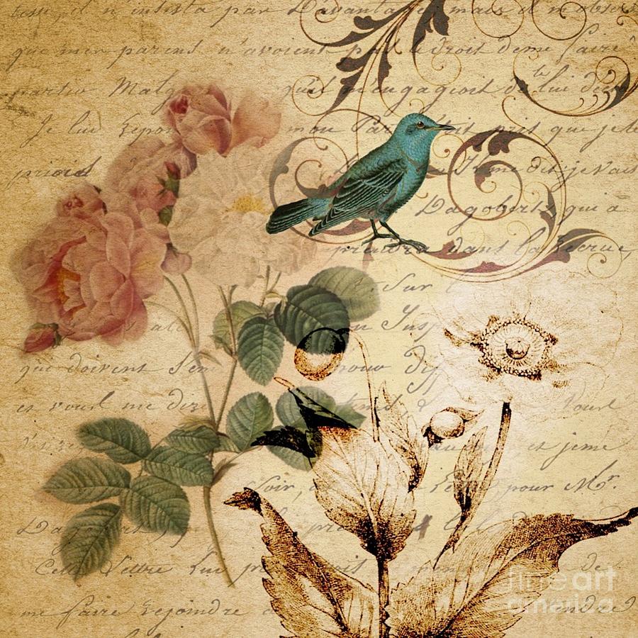 Vintage Rose Birds Scripts Paris Art Digital Art by Cranberry Sky