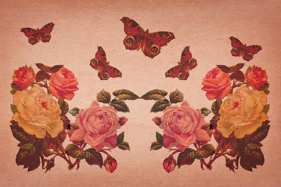 Vintage Roses and Butterflies Digital Art by Peggy Collins
