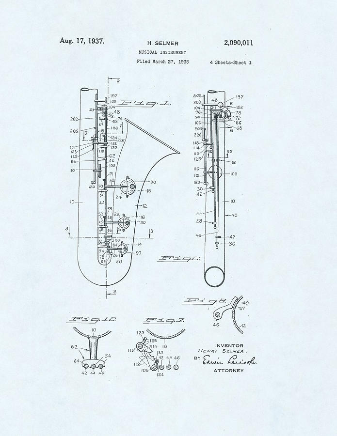 Saxophone Patent drawing on blue background #7 Drawing by Steve Kearns