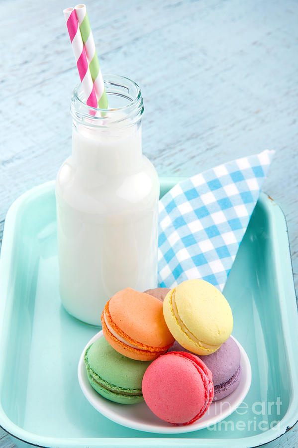 Cake Photograph - Vintage setting of colorful pastel macaroons by Anna-Mari West