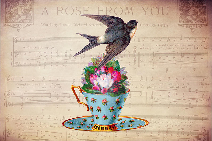 Vintage Teacup and Swallow Digital Art by Peggy Collins
