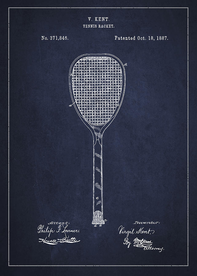 Vintage Tennnis Racket Patent Drawing From 1887-navy Blue Digital Art