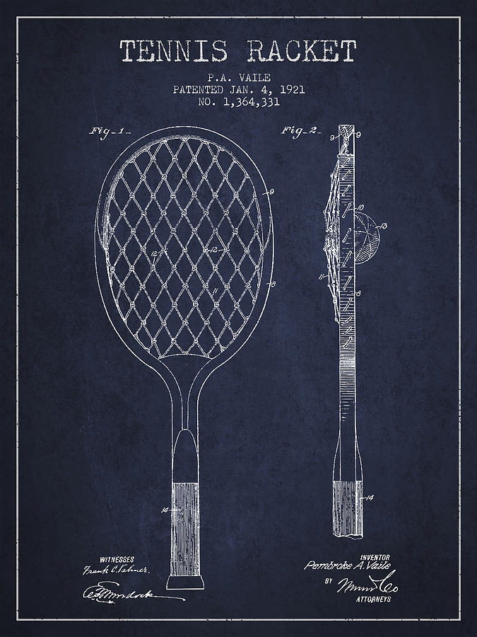 Tennis Digital Art - Vintage Tennnis Racket Patent Drawing from 1921 - Navy Blue by Aged Pixel