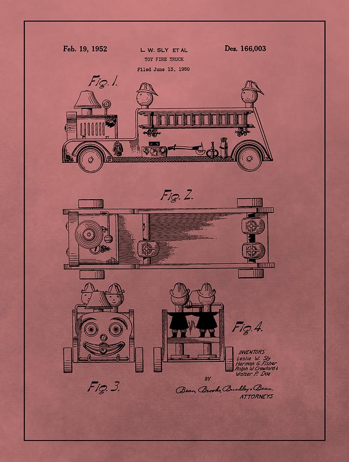 Toy Mixed Media - Vintage Toy Fire Truck Patent by Dan Sproul Toy Mixed Media - Vintage Toy Fire Truck Patent by Dan Sproul