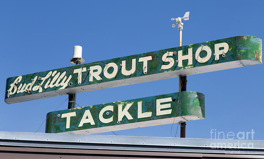 Yellowstone National Park Photograph - Vintage Trout Shop Sign West Yellowstone by Edward Fielding