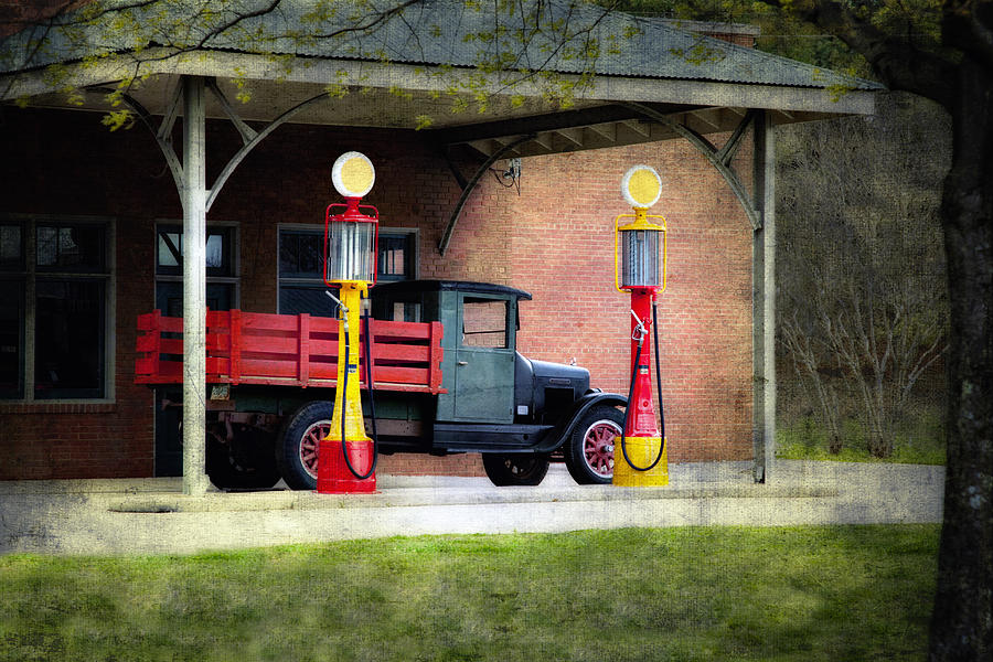 Transportation Photograph - Vintage truck and Gas Pumps by Judy Kennamer