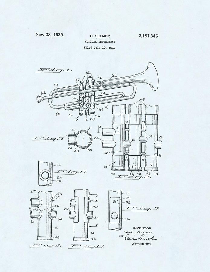 Trumpet Patent on blue background Drawing by Steve Kearns